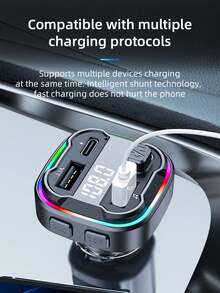 12-24V Car Bluetooth MP3 Player, Dual USB+Type-C Car Charger, FM Transmitter, Multifunction Car Audio Player With Colorful Ambient Light, For Transmitting Phone Music To Car Stereo - Black - View 4