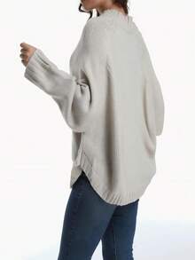 Plus Size Casual Solid Color Batwing Sleeve Pullover Sweater, Autumn/Winter - Khaki - View 2