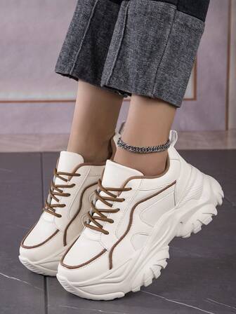 2023 New Women's Beige Thick Sole Versatile Fashionable Outdoor Breathable Comfortable Lightweight Non-Slip Durable Sports Shoes