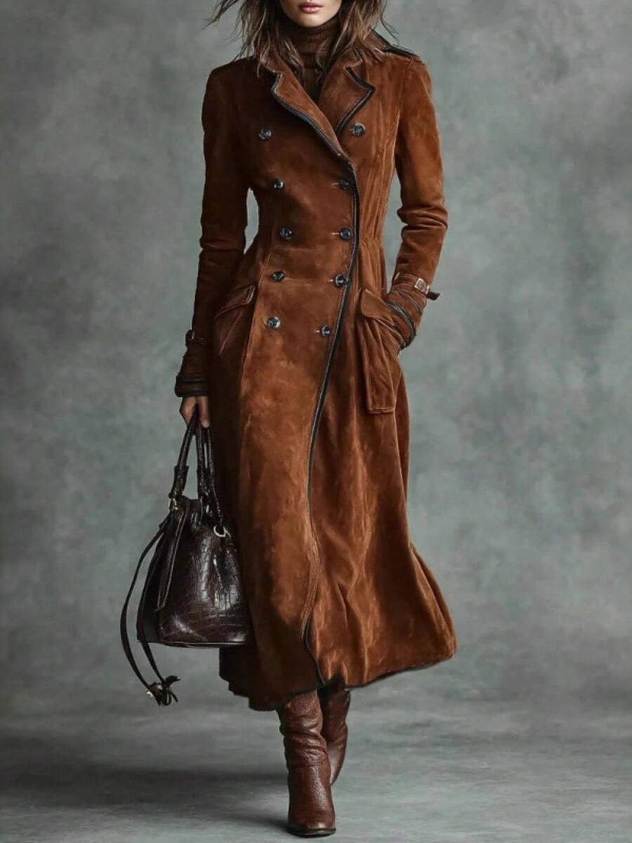 2025 Fashion New Women's Autumn/Winter Coat Flip Collar Western Style Suede Long Wind Coat - Cà phê nâu - Xem 1