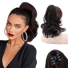 黑色棕色12英寸短款波浪卷马尾夹式接发，适合女性，自然卷曲，层次分明，适合短而稀疏的头发，合成假发 - 彩色 - 查看 12