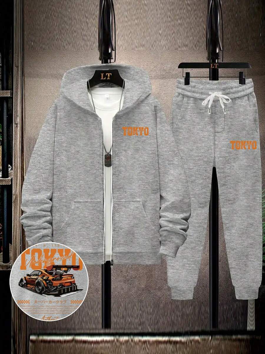 Plus Size Men's Racing English Graphic Print Casual Hoodie Sweatshirt + Sweatpants Set, Autumn/Winter - Grey - View 1