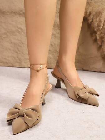 Women's Pointed Toe High Heels With Cutout Side And Flared Heel Design, Lightweight Summer New Style With Bow Decor, Elegant Lady-Like Fashion Versatile