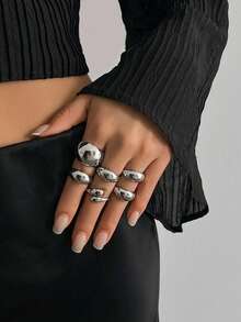 A Set Of 9 Retro Simple Geometric Metal Open Hollow Rings, Adjustable Thick Gold And Silver Jewelry Sets, Feminine Charm Accessory Gifts, Suitable For Daily Wear And Casual Holiday Decorations - 銀色 - 查看 3