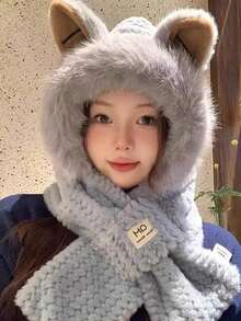 1pc Solid Color Polyester Fluffy Trimmed Earmuff Scarf Combo Hat, Thick Warm Cap For Autumn/Winter Valentines Gift