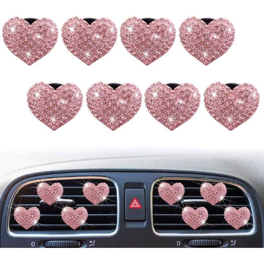 8-Pc Bling Heart Air Vent Clips, Crystal Heart Air Fresheners Vent Clip Rhinestone Car Dr - Cute Car Accessories For Women & Girls (Pink),32369492 - Màu Hồng Tươi - Xem 1