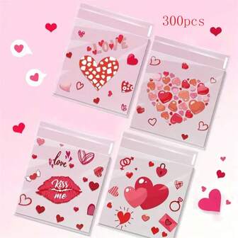 100/200/300 Peças Sacolas de Presente com Estampa de Coração, Sacolas de Embalagem de Presente do Dia dos Namorados, Sacolas Autoadesivas Adequadas para Eventos, Festas, Casamentos, Noivados, Aniversários, Decoração do Dia dos Namorados
