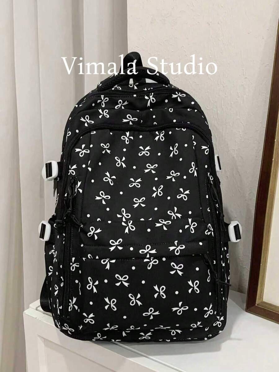 Fashion Rose Print Women's Backpack, Multi-Pocket Design, Thick Student Backpack, Waterproof Backpack, With Teddy Bear Pendant Accessory, Large Capacity - Black - View 1