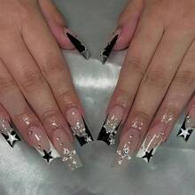 4 Sets Of 96pcs Medium Long Square Press-On Nails, Dark Princess Full Rhinestones Ring, Pentagram, Love Heart, Black French Tips, Pink & White Romantic Styles, Fake Nail Kit With 4 Jelly Glue Sheets & 4 Nail Files - ABS - View 2