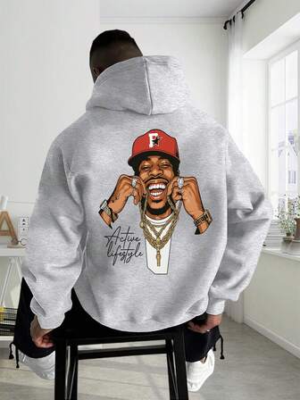 2025 New Autumn/Winter Thermal Lined Hoodie Sweatshirt For Men, Plus Size Loose Fit Warm Pullover, Graphic Print Casual Streetwear, Suitable For Halloween, Back To School, Black, Gray