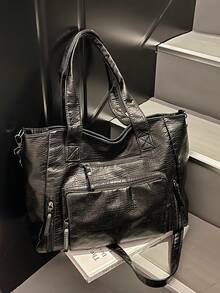 2026 Frühjahr/Sommer Neue schwarze weiche PU-Leder Damen Shopper Tasche, passt 16-Zoll Laptop, A4 Akten, Krokodilleder-Textur, Multi-Fach-Design, Reißverschluss-Verschluss, Großes Fassungsvermögen, vielseitig für Pendeln, Schule, Reisen, Einkaufen, Dates, Schulter- und Umhängegurt enthalten - Schwarz - Übersicht 7