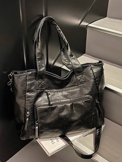 2026 Spring/Summer New Black Soft PU Leather Women's Tote Bag, Fits 16-Inch Laptop, A4 Files, Crocodile Texture, Multi-Pocket Design, Zipper Closure, Large Capacity, Versatile For Commute, School, Travel, Shopping, Dating, Shoulder & Crossbody Strap Included