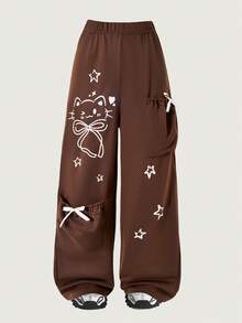 Girls' Casual Straight Leg Pants, Light Gray With Cute Cat & Star Print, Soft & Comfortable Fabric, Bow Pocket Design, Suitable For Spring, Summer, Autumn, Winter - Brown - View 3