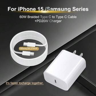 20W 快充 Type-C 接口，配 1 米编织线缆，USB-C 充电器，适用于 Galaxy S25/S24+/Ultra/S23/S22/S21/S20/Note10/20，以及 17/16/15 Pro/Pro Max/Plus 电源适配器插头