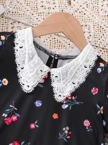 Abito da ragazza casual, stile campus e strada, design classico retrò con inserti in pizzo, vita svasata, stampa floreale botanica all-over, colletto Peter Pan, maniche a sbuffo, primavera/estate - nero - Visualizzare 4