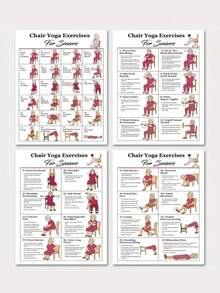 4pcs Chair Yoga Exercise Set, Suitable For Elderly, Beginner Chair Yoga, Fitness Guide For Seniors, Applicable For Home, Bedroom, Kitchen, Living Room, Hotel, Cafe, Office Decor, Healthy Gift For Loved Ones And Friends, Size 8.0x10.0 Inches, Includes Detailed Exercise Instructions