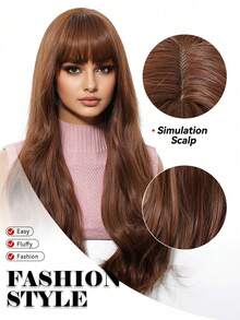Long Brown Wig With Bangs Wave Curly Wigs For Women 22 Inch Heat Resistant Natural Synthetic Wig For Daily Party Use,Mother's Day Gifts Or Holiday Party Everyday Wear,Gifts For Women,Accessories Women - 棕色 - 查看 5