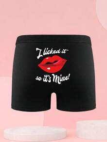 Men's Black Briefs With Minimalist Buttock Letter & Lip Print, Elastic Comfortable Underwear - Black - View 1