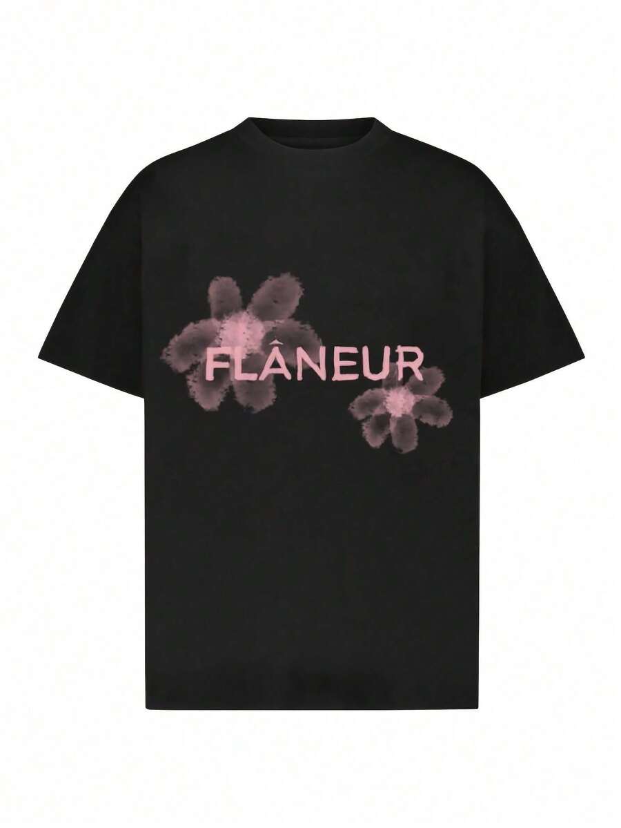 Summer Flaneur Floral Graphic T-Shirt - Black With Pink Floral Print, Casual Crew Neck, Regular Fit, All-Season Comfort, Perfect For Men And Women, Everyday Wear T-Shirt | Casual Style | Comfortable Fit - 黑色 - 查看 1