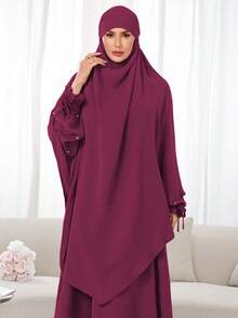 مجموعة حجاب + عباية مسلمة 2 قطعة، قماش نيدا أحادي اللون، لطيف على البشرة وقابل للتنفس، خمار طويل مزدوج الطبقة، مناسب للنساء المسلمات للارتداء اليومي والصلاة، جميع الفصول