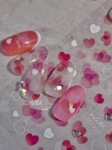 5D Embossed Sweet & Playful Heart 3D Nail Stickers, Macaron Pink Mini Heart Shiny Rhinestone 3D Self-Adhesive Reusable Nail Decals, Exquisite Nail Art Supplies, Essential For Nail Artists, Cute DIY Nail Decoration For Daily Use And Gifts, 1 Piece - Pink - View 5
