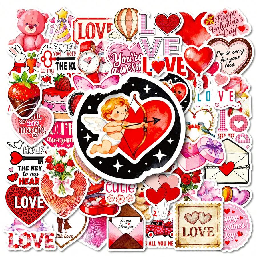 56pcs Valentine's Day Cartoon Series Stickers, Suitable For Scrapbooking, Diaries, Laptops, Water Bottles, Cars, Etc. Faith-Based Designs With Positive Messages, Great Gift