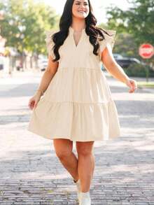 Plus Size V Neck Babydoll Dress Ruffle Short Sleeve Tiered Swing A Line Summer Mini Dress For Women - Màu Khaki - Xem 3