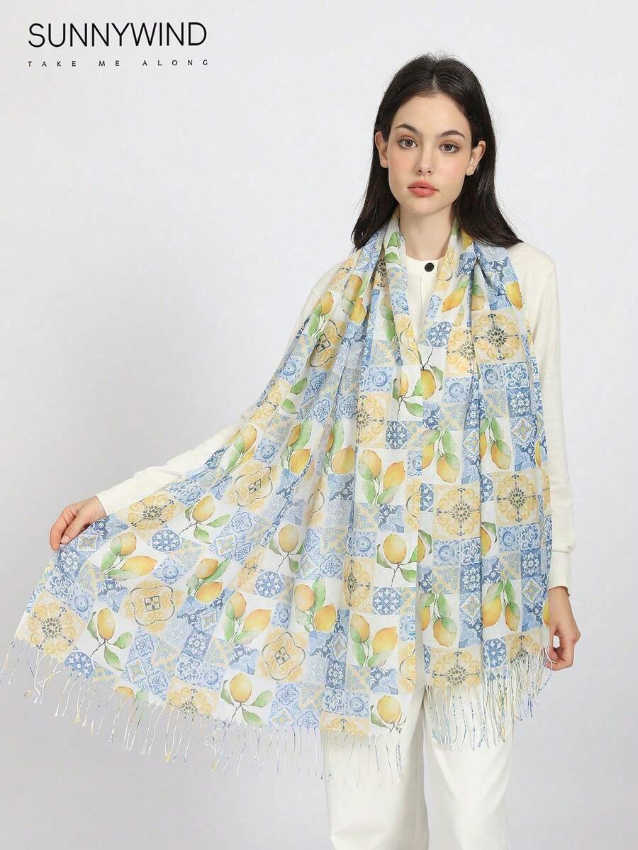 1pc Lemon Fruit Polyester Scarf, Chic & Versatile For Daily Use - Light Yellow - View 1