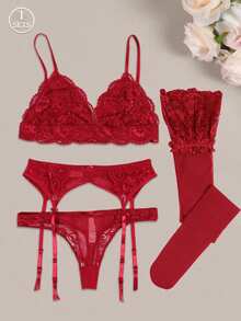花卉蕾丝吊袜带内衣套装 - 紅色 - 查看 9