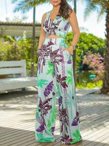 2pcs/Set Women's Tropical Print V-Neck Sleeveless Top And Wide Leg Pants Suit, Elegant Vacation Casual Outfit, Summer - Green - View 2
