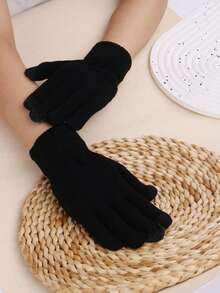 1 Pair Black Full Finger Knitted Touchscreen Gloves, Warm Thermal Lined Cold Weather Cycling Gloves Snow Gloves - Black - View 3