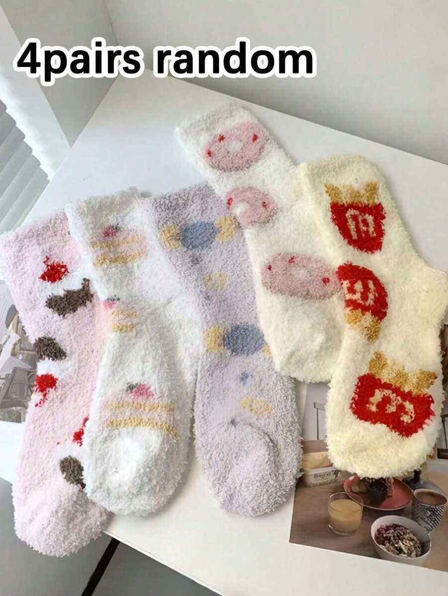 4 paires de chaussettes d'équipage en polaire de corail épaisses pour femmes avec motifs de frites et de gâteau. Chaudes, confortables, convenant pour un usage quotidien, à la maison et pour dormir. - Multicolore - Voir 1