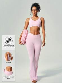 UONNOU Bộ đồ định hình thể thao nữ 2 món gồm áo ngực thể thao và quần ống loe, thiết kế áo hai dây hở lưng, giúp thon gọn eo, kiểm soát vùng bụng, nâng mông, ôm sát, viền tương phản, miếng đệm có thể tháo rời, chất liệu thoải mái, cạp chữ V kết hợp với quần ống loe, phù hợp cho thể thao, yoga, golf, tập gym, mặc thường ngày, tiệc ngoài trời, v.v. Màu hồng nhạt, bộ đồ thể thao thanh lịch và thời trang. - Màu Hồng baby - Xem 3