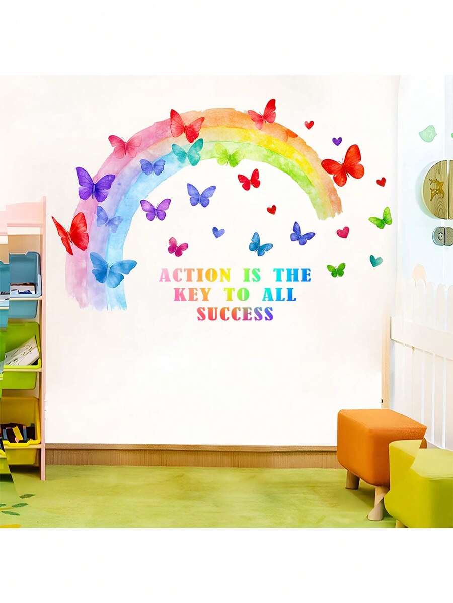 1pc Painted Butterfly English Decorative Sticker, PVC Sticker, Removable Self-Adhesive Easy-Tear Sticker, Home Decor, Make Your Life Fresh, Holiday Decoration Sticker, Birthday And Graduation Gift - Multicolor - View 1