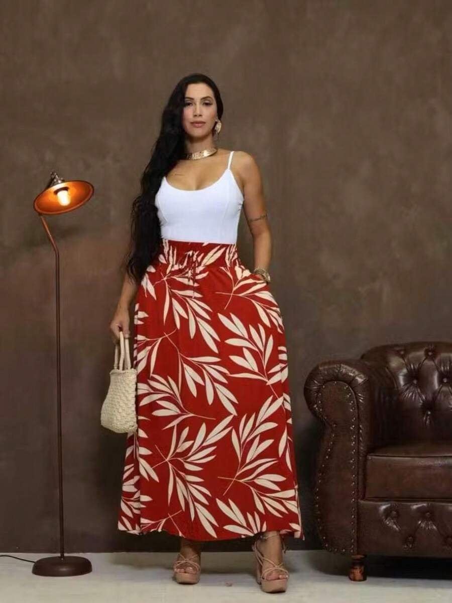 Long, Printed Viscose Skirt, Lined, High Waist With Pockets And Side Slits. - 紅色 - 查看 1