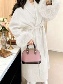 女士新款优雅系带仿毛皮袖外套，高档羊毛质感面料，系带长款大衣，修身显瘦，和服式设计，秋冬款 - 白色 - 查看 10