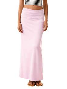 Women Long Straight Skirt Solid Foldover Low Rise Casual Bodycon Skirt Daily Office Party Club Outfits - Pink - View 2