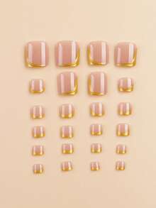 24pcs Short Square Nail Stickers, French Minimalist Gold Trim Design, Summer Nails, Sweet & Fresh Style, Suitable For Women And Girls Daily, Travel & Holiday Nail Art Supplies - Multicolor - View 2