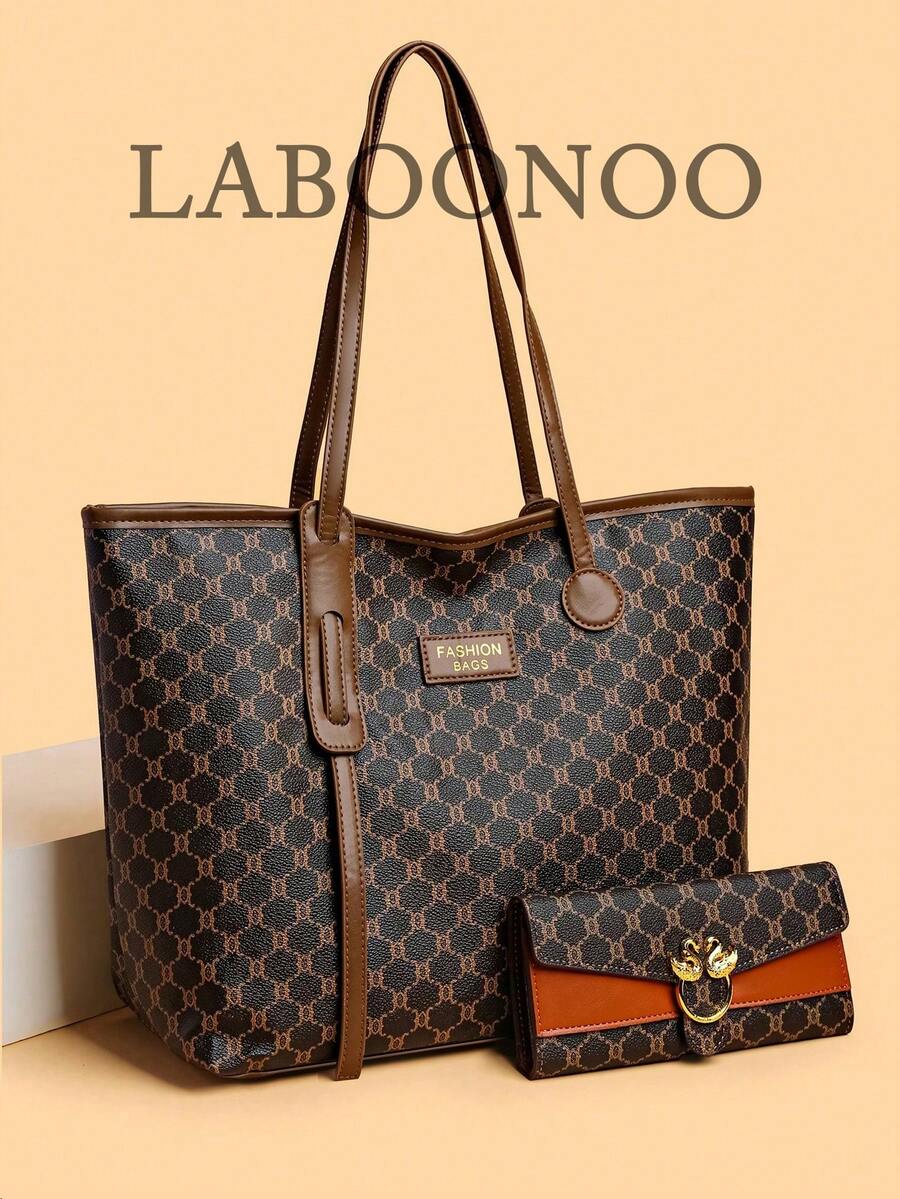 2pcs/Set Vintage Pattern Tote Bag And Wallet Combo, Large Capacity Fashion Handbag Set For Middle-Aged Women - Brown - View 1