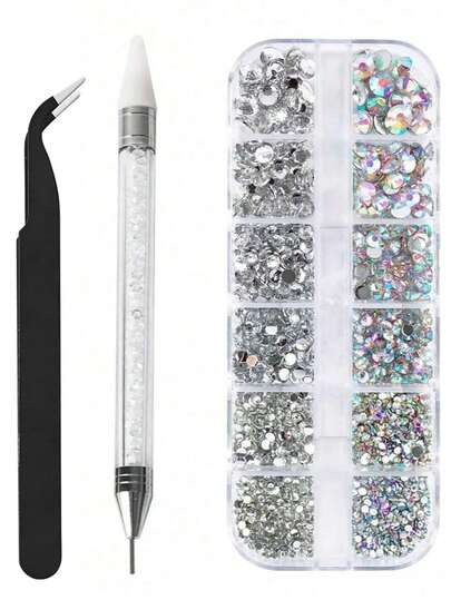 12 Compartments 6 Sizes Transparent Rhinestones, Flat Shiny AB Crystal Nail Gems, Includes Tweezers, Rhinestone Picker And Dotting Pen, Nail Art Tools, Suitable For Nails, Face, Eyes Makeup, Crafts