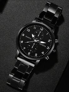 3pcs Set Fashionable & Versatile Men's Quartz Watch, Round Dial, Alloy Steel Strap, Paired With Crown Beaded Bracelet, Best Gift For Men, Suitable For Holidays And Daily Wear - Black - View 7