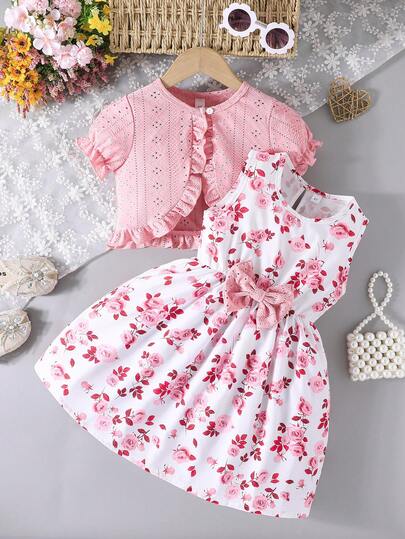 2件套女童4-7岁休闲可爱新款透气短袖蕾丝外套蝴蝶结装饰连衣裙套装，适合户外活动