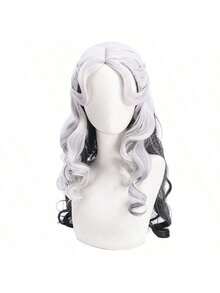 MULICCO Synthetic Curly Wig For Women – White & Black Ombre Long Wavy Wig With Braid Design | Heat Resistant | For Cosplay, Party, Daily Use - Đen và trắng - Xem 1