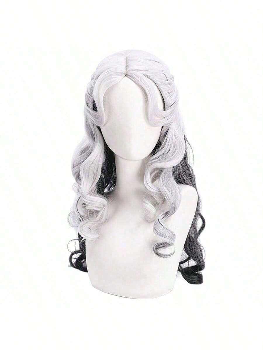 MULICCO Synthetic Curly Wig For Women – White & Black Ombre Long Wavy Wig With Braid Design | Heat Resistant | For Cosplay, Party, Daily Use - Đen và trắng - Xem 1
