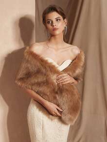 1 chiếc khăn choàng dài bằng lông giả màu sâm panh dành cho cô dâu, áo khoác mùa đông - Màu Khaki - Xem 4