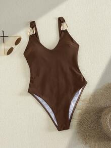 Áo tắm liền thân nữ thanh lịch, màu trơn, cổ chữ V, gợi cảm, đính vòng kim loại, chất liệu co giãn cao, thích hợp cho bãi biển & khu nghỉ dưỡng, kỳ nghỉ xuân/hè. - màu nâu - Xem 5