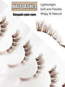 Asiteo 7对棕色半条假睫毛，透明带，轻盈飘逸，猫眼效果，自然蓬松，仿貂毛，卡通风格，适合角色扮演、派对、日常妆容等。 - 棕色 - 查看 4