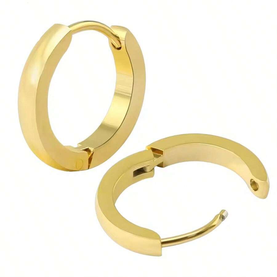 1 Pair Hoop Earring For Women Girls, Daily Casual Plated Simple Leisure Style Stainless Steel Earrings Unisex Classic Punk Ear Piercing Jewelry - Gold - View 1
