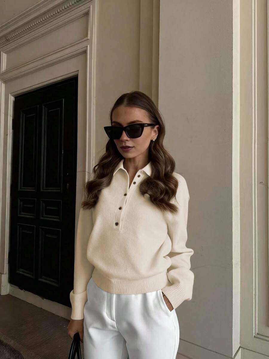 Senya Vintage Solid Color Long Sleeve Knit Sweater, Loose Fit Half-Zip Design, Showcasing Classic Charm, Autumn/Winter New Arrival - Apricot - View 1