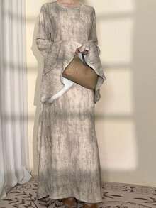 女士优雅长袖圆领荷叶边下摆连衣裙 - 彩色 - 查看 1